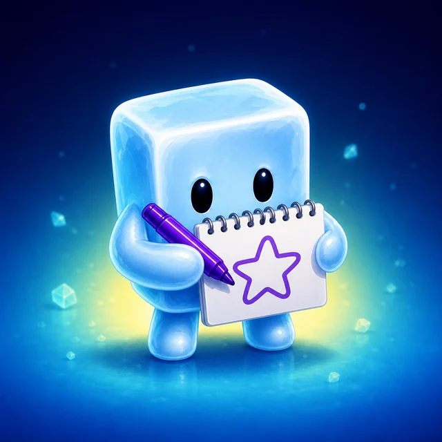 Calvin the ice-cube mascot drawing a playful sketch