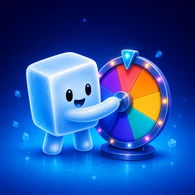 Calvin the ice-cube mascot spinning a colourful game wheel