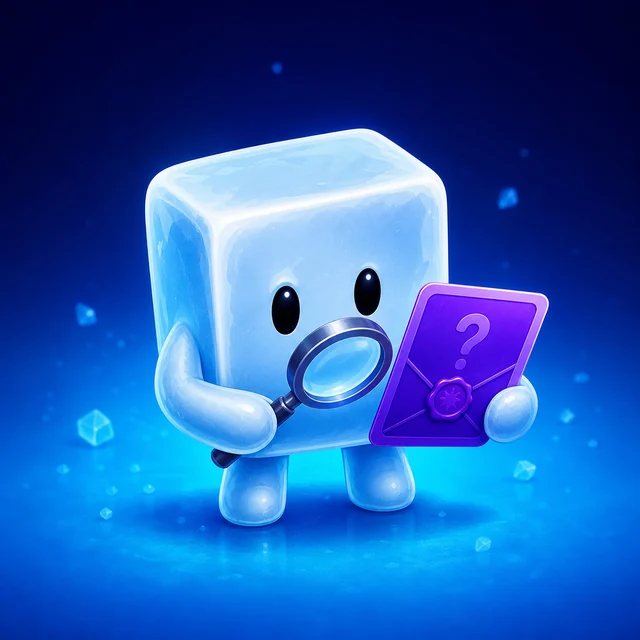 Calvin the ice-cube mascot inspecting a secret clue with a magnifying glass