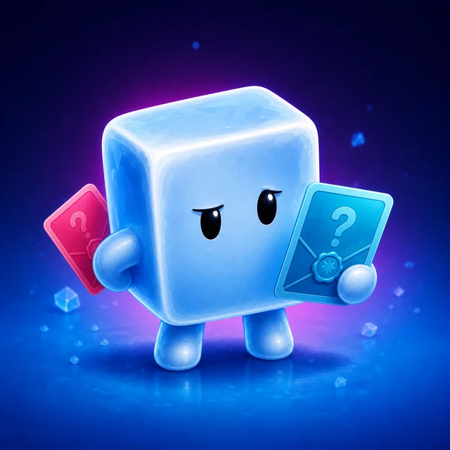 Calvin the ice-cube mascot comparing two different question cards