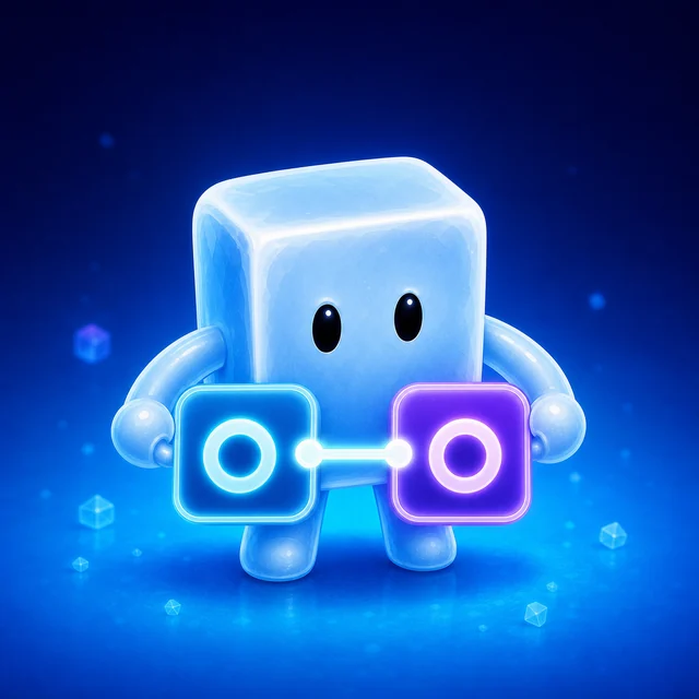 Calvin the ice-cube mascot connecting two glowing game tiles